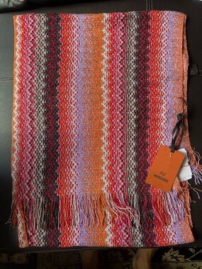 NWT Missoni sparkly Orange, Red and Lavender Striped Knit Scarf zig zag